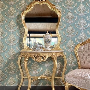 Barock-Stil Gold Konsolentisch & Spiegel-Set - Beige Marmorplatte