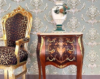 Nachttisch mit Blumenintarsien im Louis XV-Stil mit Marmorplatte – Französische Schlafzimmermöbel