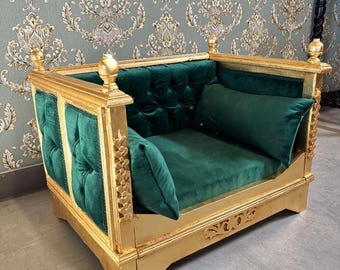 Pet Sofa Green Velvet French Baroque Style Cute Dog Couch Handmade in Hot Pink Velvet Gold Finish for Small Pet for Pet Lover