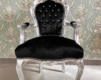 Fauteuil de style Louis, français en velours noir, fauteuil de style baroque rococo antique, finition argentée en velours noir pour la maison