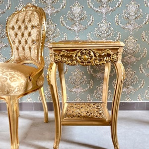 Square Side Table Marble Top in Retro Baroque Rococo Style in Beige or Gold Finish
