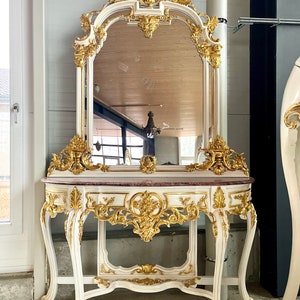 Mirror Table Console French Antique Style Baroque Rococo Style Red Marble Slab Top in Gold Finish for Home Decoration