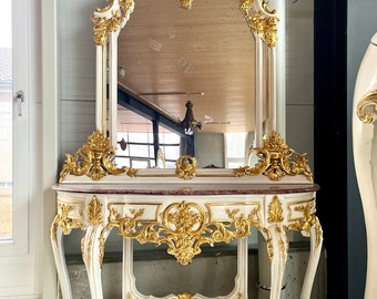 Console de table miroir de style français baroque rococo, dessus en dalle de marbre rouge finition dorée pour la décoration de la maison