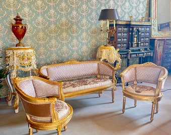 Ensemble de canapés de style antique français de couleur kaki, canapé de salon de style baroque rétro pour la décoration intérieure, ensemble de canapés de salon finition dorée