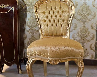 Accent Chair Gold French Baroque Rococo Style Dining Chair Antique Style Reproduction Chair in Gold Finish