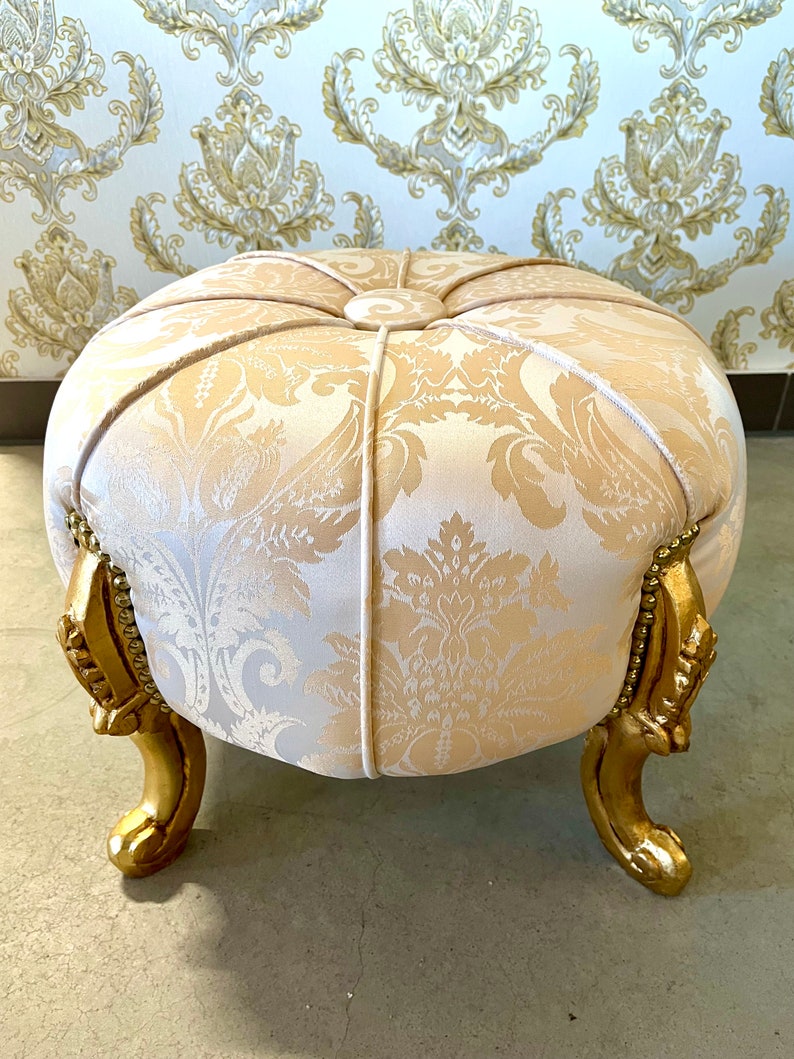 Foot Stool in Fabric Gold Ottoman Beige French Baroque Style Ottoman for Sofa Foot Stool Beige Color image 5