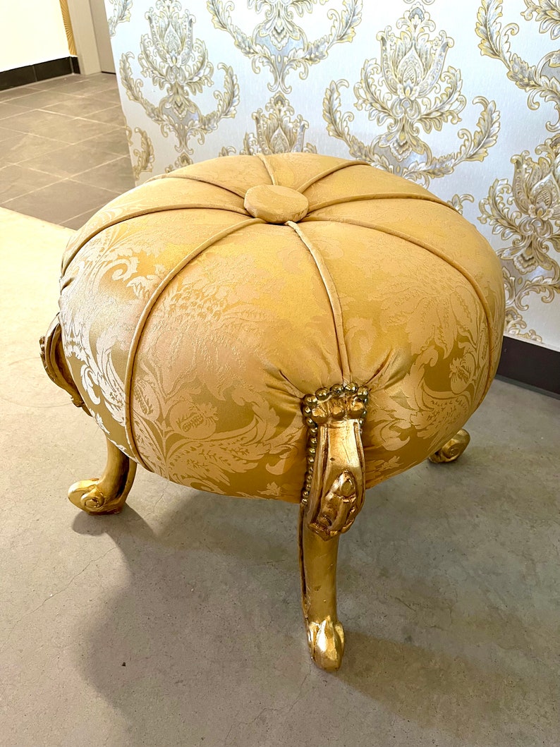 Foot Stool in Fabric Gold Ottoman Beige French Baroque Style Ottoman for Sofa Foot Stool Beige Color image 2