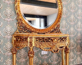 Table console Empire-Barock-Antikstil-Konsolentisch mit Marmorplatte und rundem Spiegel /Empire baroque de style antique avec plateau en marbre et miroir