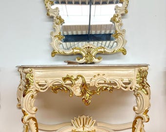Gold Baroque Console Table with Star Mirror: French Antique Style, White Marble Top