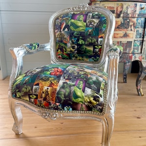 Cute Kid’s Chair French Louis Baroque Style Chair Incredible Hulk Cartoon Print Kids Armchair in Silver Finish