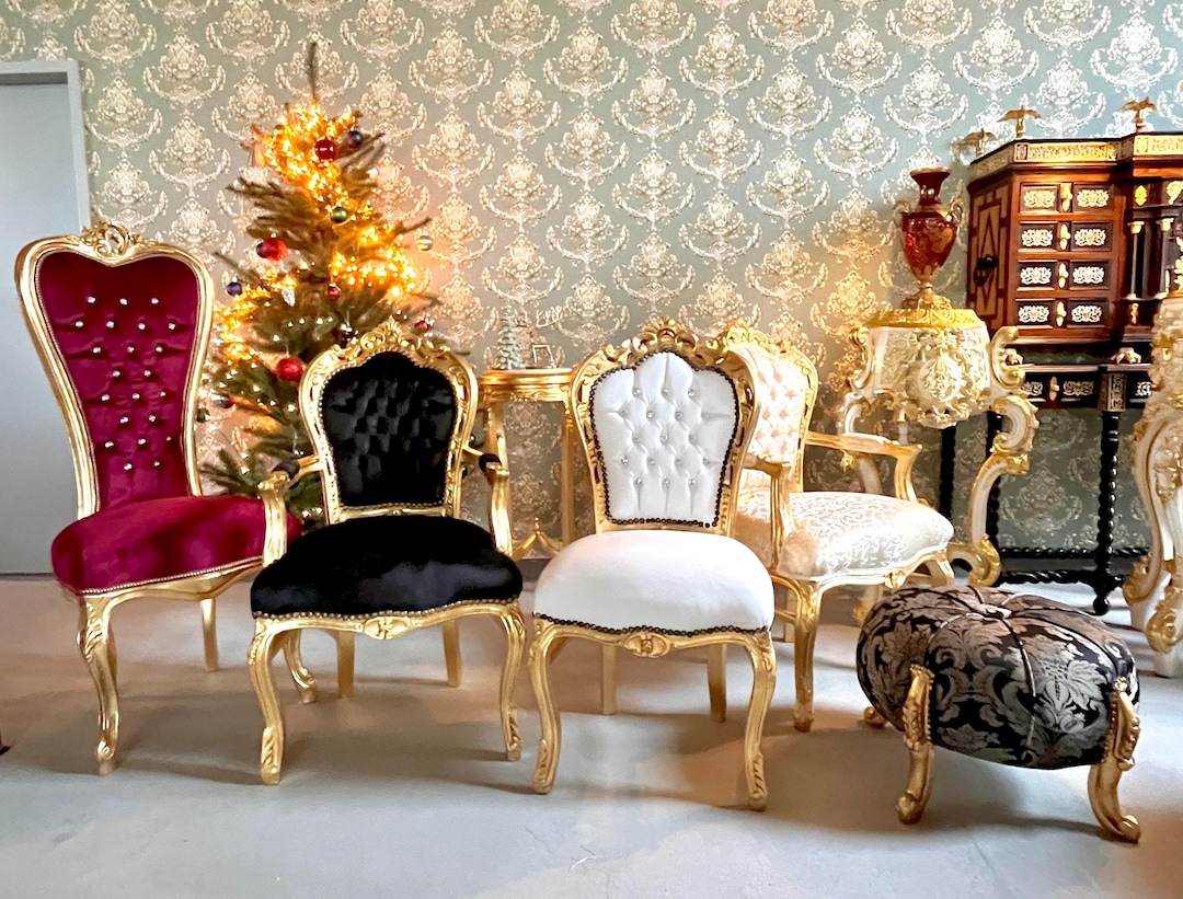Fauteuil de style Baroque Rococo simili cuir noir & dossier zèbre et