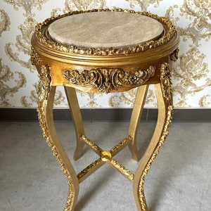 Mesa auxiliar estilo barroco francés con tapa de mármol, mesa de té y café, decoración del hogar en acabado dorado y mármol beige imagen 5