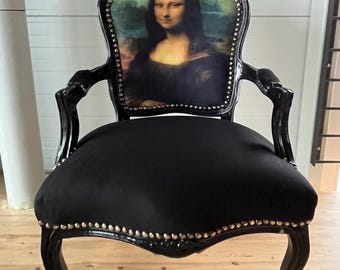 Poltrona in velluto con stampa Monalisa, stile Luigi XV francese, poltrona d'accento retrò barocca