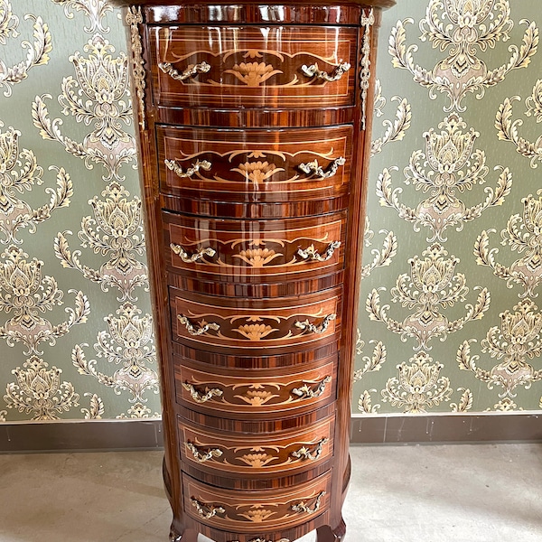 Grande commode ronde de style baroque rétro Kommode avec 7 tiroirs, décoration d'intérieur, tiroir rond en bois de style antique