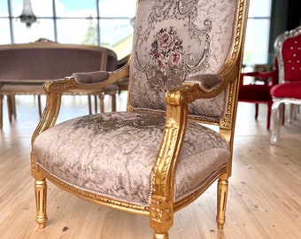 Armchair Royal French Antique Style Chair Retro Baroque Rococo Style in Gold Finish- Made to Order