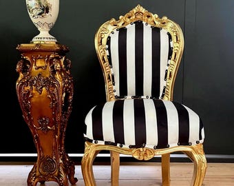 Black Stripe Louis XV Accent Chair: Gold Gilded Rococo Dining Chair