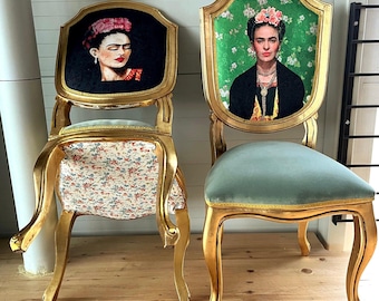 Accentstoel Frida Kahlo portret print barokstijl grijze kleur fluweel in gouden afwerking