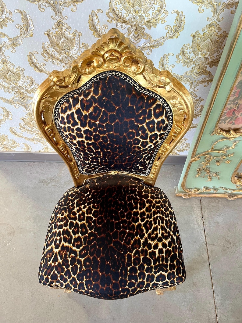 Accent Chair French Louis Baroque Style Dining Chair Black Velvet Leopard Print in Gold Finish for Lounge Room Home Decor