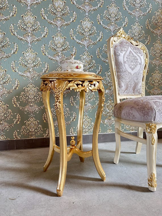 Baroque Rococo Style Marble Top End Table : Hand-Carved Beige Color Marble, Gold Finish