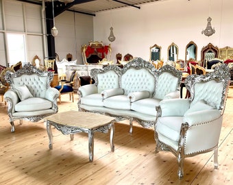 Antique Style Sofa Set in White Color French Louis Style in Silver Finish  Sofa Set Baroque Rococo Style Sofa Set in Silver Finish for Party