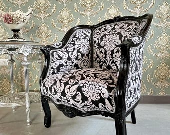Poltrona in stile Luigi XV francese: poltrona lounge barocca con decorazioni floreali nere