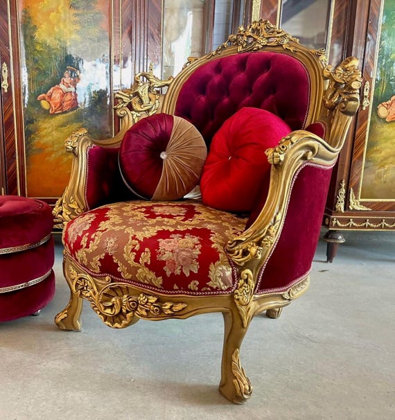 Armchair Antique Baroque Style in Bordeaux Red Damask Lounge Chair in Gold Finish Retro Royal Style Armchair for Hotel Lobby or Lounge Room Etsy