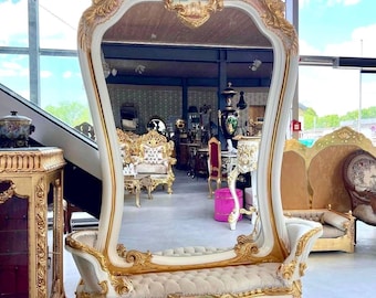 Gold Baroque Mirror & Velvet Bench Set: Rococo Style Lobby Furniture