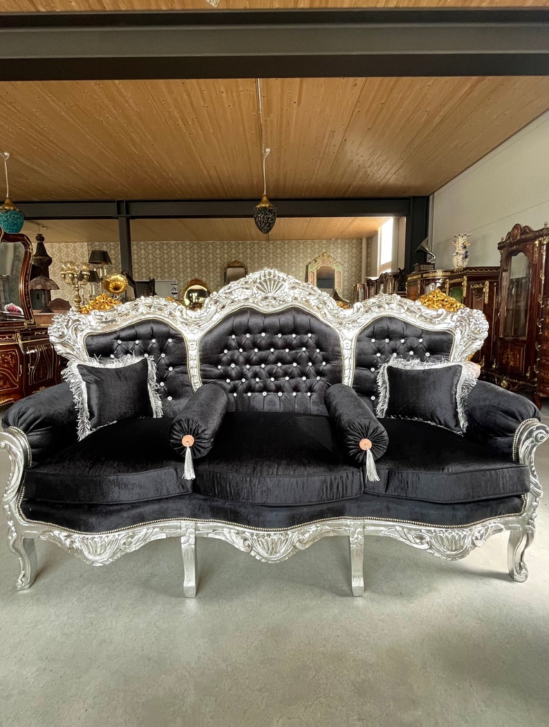 Modern Antique Style Sofa Set French Louis Style in Silver Finish for Living Room Sofa Set Baroque Rococo Style Sofa Set in Black for Villa image 2