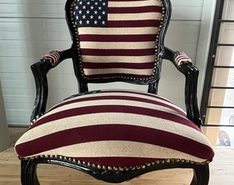 Armchair Black Frame French Baroque Style Armchair in USA Flag