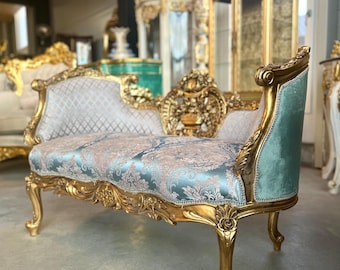 Royal Baroque Loveseat: Sky Blue Damask, Antique Gold Finish