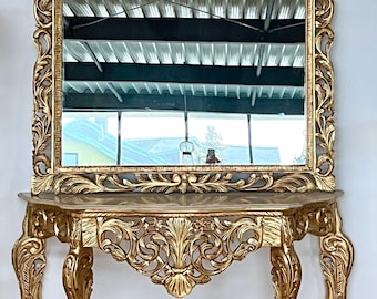 Baroque Marble Top Console Table with Standing Mirror: Handmade Gold Leaf Accent