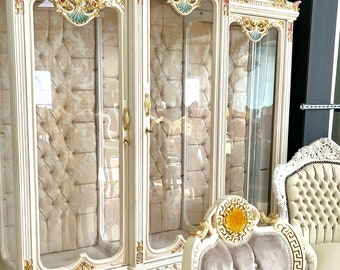 Vitrine de luxe de style baroque, reproduction de style antique, grande vitrine en beige pour décoration d'intérieur et d'hôtel - ARTICLE LIMITÉ