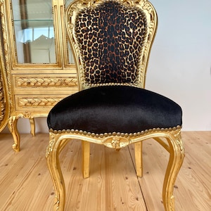 Accent Chair French Louis Baroque Style Dining Chair Black Velvet Leopard Print in Gold Finish for Lounge Room Home Decor