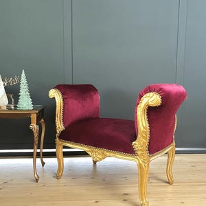 Gilt French Baroque Ottoman: Louis XVI Style, Gold Bordeaux Velvet