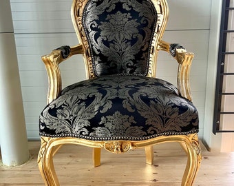 Fauteuil de style Louis, français or noir, fauteuil rétro de style baroque rococo antique finition dorée pour la décoration intérieure