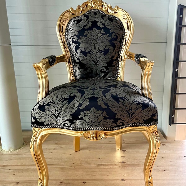 Fauteuil de style Louis, français or noir, fauteuil rétro de style baroque rococo antique finition dorée pour la décoration intérieure