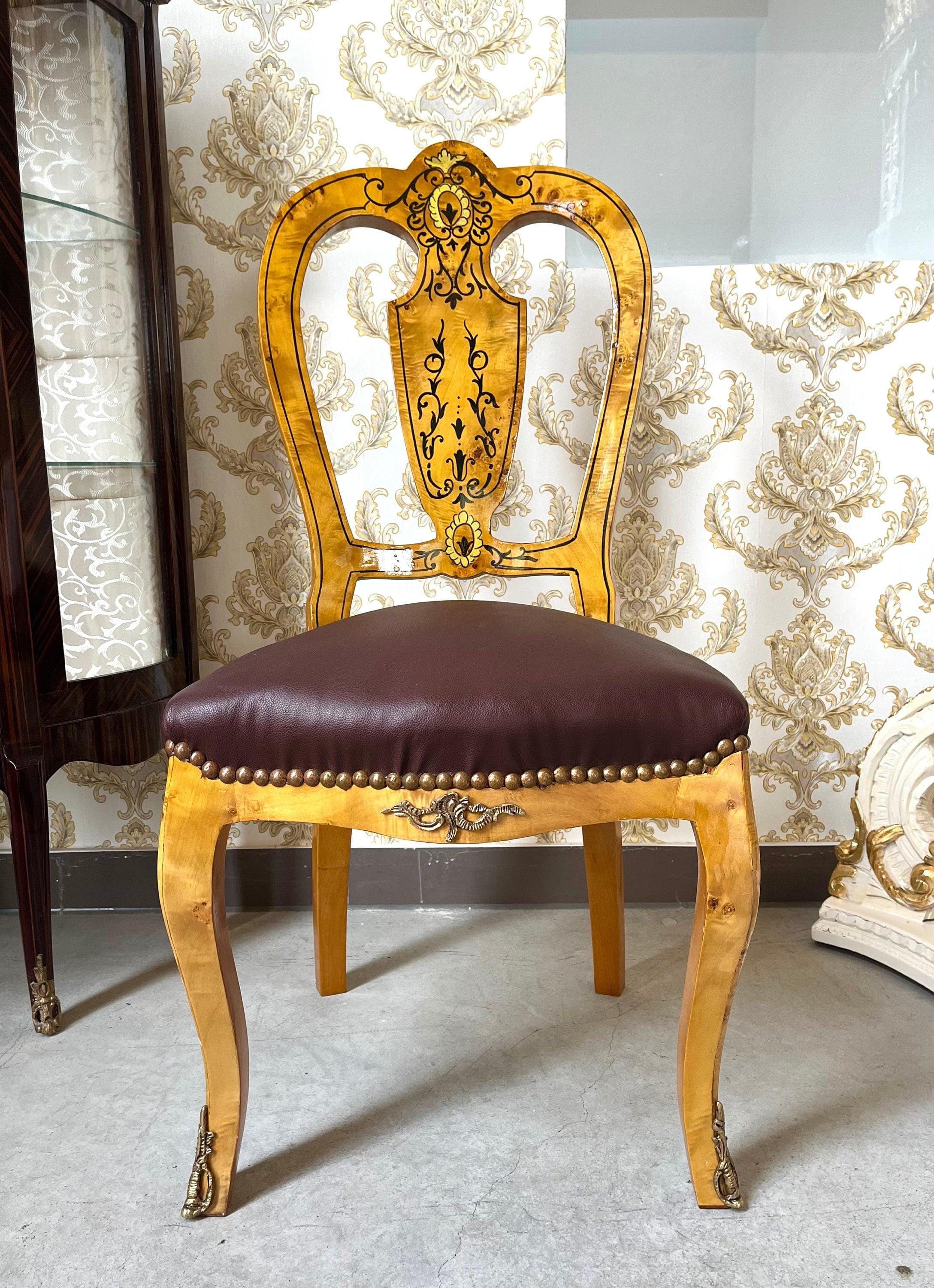 Dining Chair Retro Baroque Style Home Decor Chair in Yellow Frame & Brown Seat Italian Antique Style