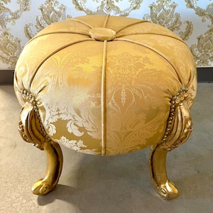 Foot Stool in Fabric Gold Ottoman Beige French Baroque Style Ottoman for Sofa Foot Stool Beige Color