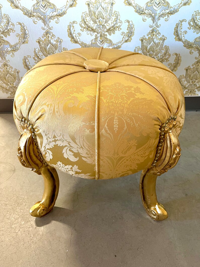 Foot Stool in Fabric Gold Ottoman Beige French Baroque Style Ottoman for Sofa Foot Stool Beige Color image 1