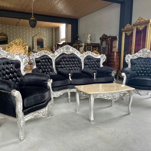Modern Antique Style Sofa Set French Louis Style in Silver Finish for Living Room Sofa Set Baroque Rococo Style Sofa Set in Black for Villa image 1
