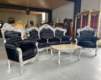 Modern Antique Style Sofa Set French Louis Style in Silver Finish for Living Room Sofa Set Baroque Rococo Style Sofa Set in Black for Villa