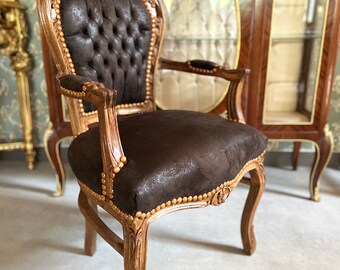 Fauteuil de style Louis, chaise en cuir marron de style Louis, fauteuil de style baroque rococo Reproduction de fauteuil de style antique en couleur marron