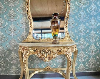 Luxury Vanity Table Set: Gold Finish, Beige Marble Top