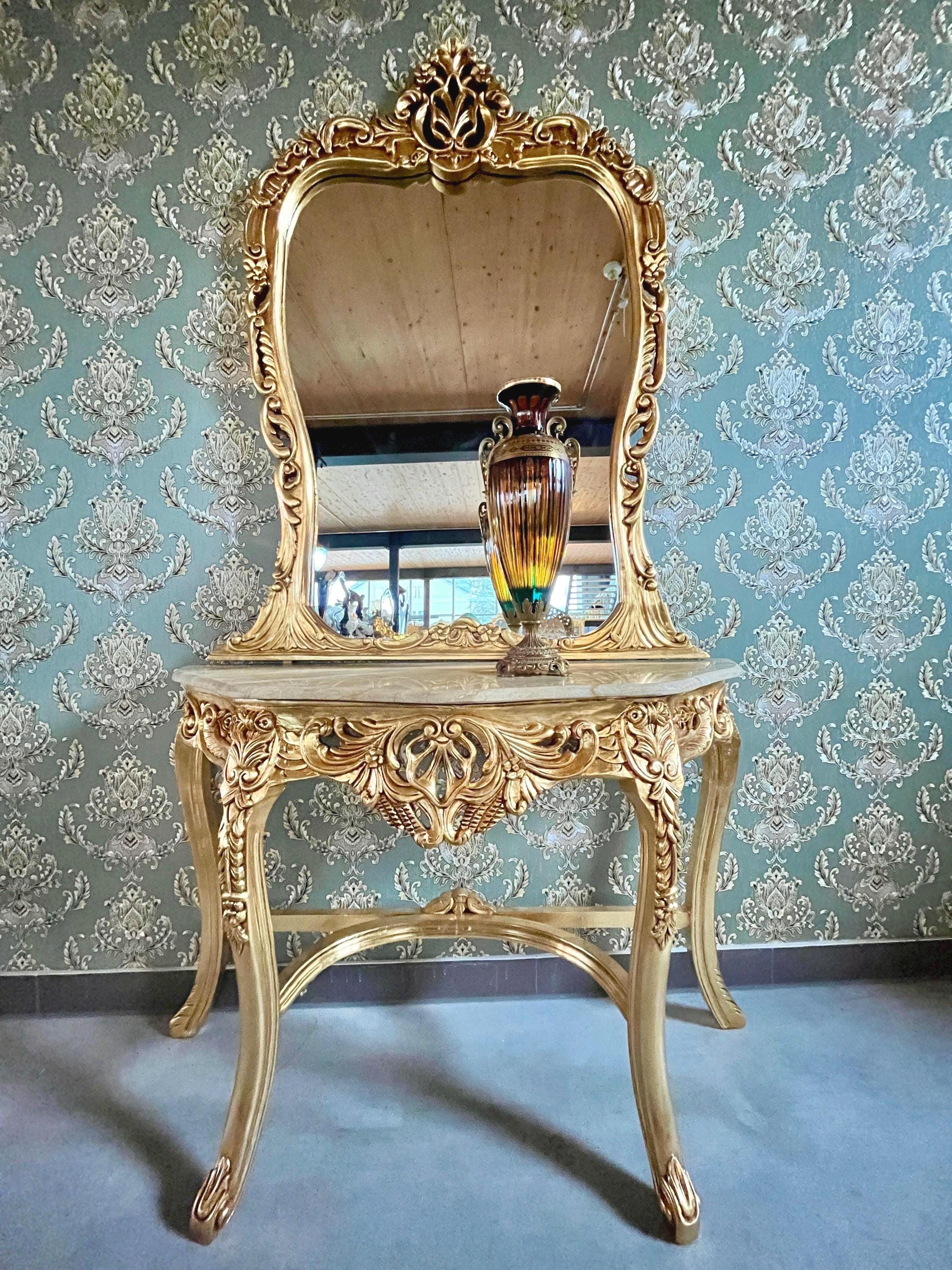 Handcrafted Baroque Console Table & Mirror: Gold Finish, Beige Marble Top