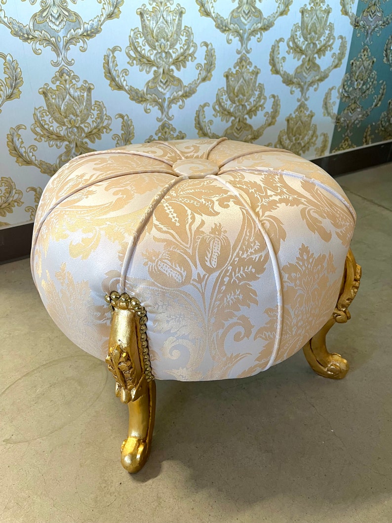 Foot Stool in Fabric Gold Ottoman Beige French Baroque Style Ottoman for Sofa Foot Stool Beige Color image 6