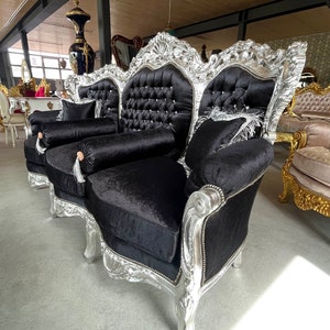 Modern Antique Style Sofa Set French Louis Style in Silver Finish for Living Room Sofa Set Baroque Rococo Style Sofa Set in Black for Villa image 3