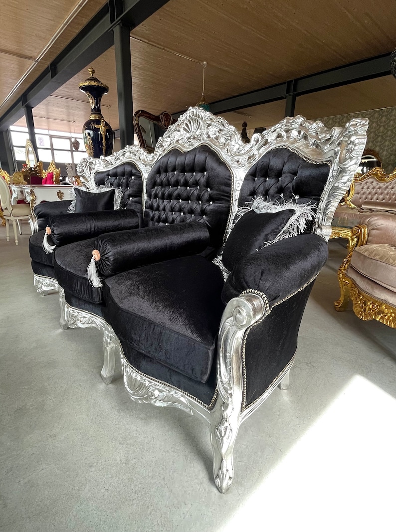 Modern Antique Style Sofa Set French Louis Style in Silver Finish for Living Room Sofa Set Baroque Rococo Style Sofa Set in Black for Villa image 3