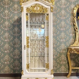 Baroque Style Display Cabinet: White Wood & Gold Leaf Showcase