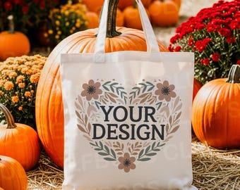 Canvas Tote Bag Mockup,  Pumpkin Patch Tote, Fall Cute and Cozy, Book Tote Mockup, Boho Bookish Mock of Tote, Farmers Market Tote Mockup