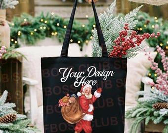 Black Canvas Tote Bag Mockup, Model Holding Tote, Winter Cute Book Tote Mockup, Christmas Bookish Tote Mockup, Holiday Vibes Tote Mockup